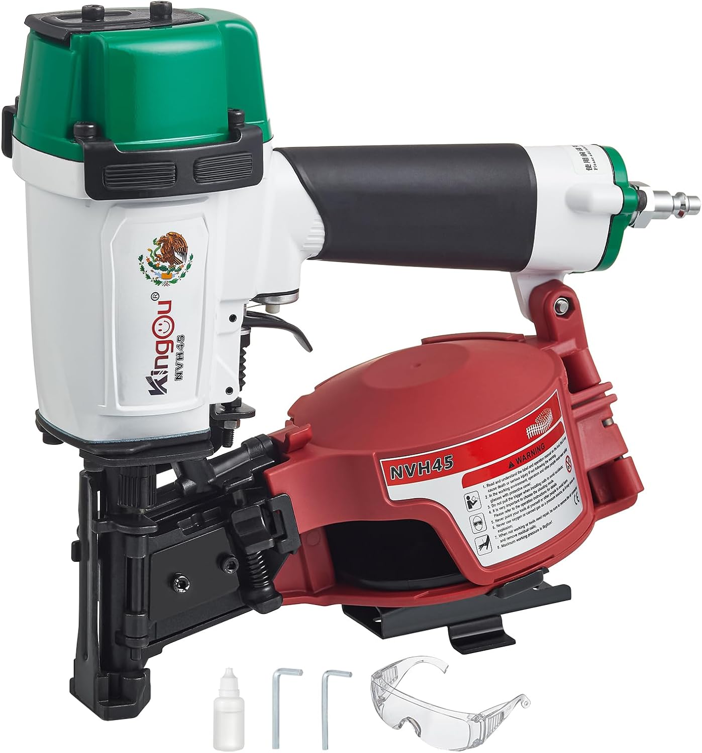 Kingou Mexican Style NVH45 Roofing Nailer Gun For Roofing Constructions Accepts 7/8-Inch to 1-3/4-Inch Nails 15 Degree With 3/8 NPT Air Connector 120-pcs Load Capacity Roofing Nailer