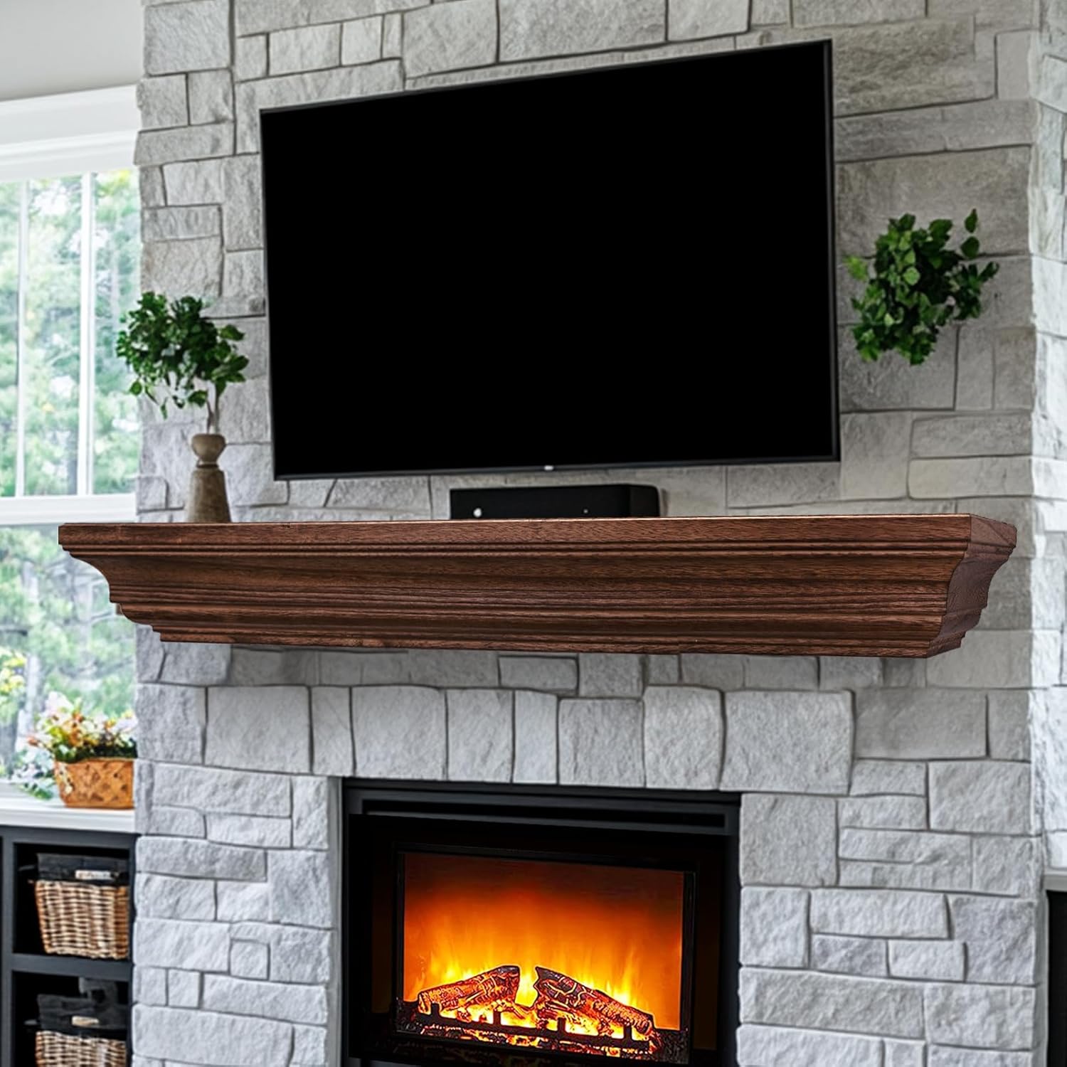 Rustic Fireplace Mantel Shelf, 60" Wooden Floating Shelf for Over Fireplace, Wall Mounted Fire Place Mantel, Farmhouse Hanging Floating Shelves, Brown