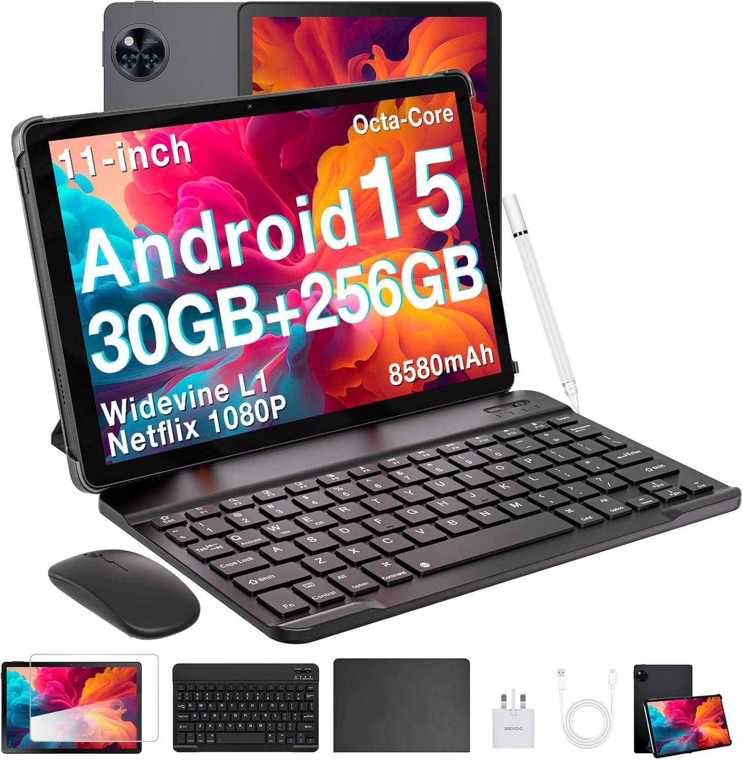 DOOGEE 2025 Newest Android 15 Tablets, U11 Pro 11 Inch Tablet, 30GB RAM+256GB ROM/ 2TB, 8580mAh, 90Hz Octa Core, 1080P, Widevine L1, BT5.0+5G WiFi, Tablet with Pen, Keyboard, Mouse&Case-Black