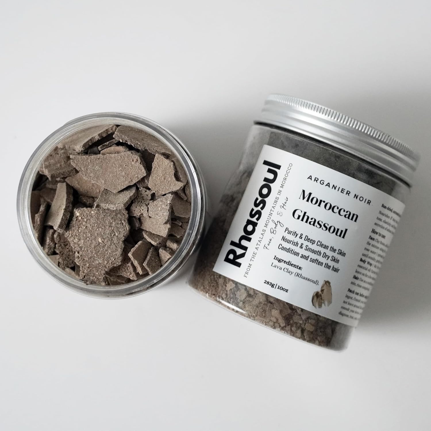 Arganier Noir Ghassoul Moroccan Rhassoul Lava Clay for Face, Body and Hair Deep Clean, Soften and Hydrate skin and Hair.