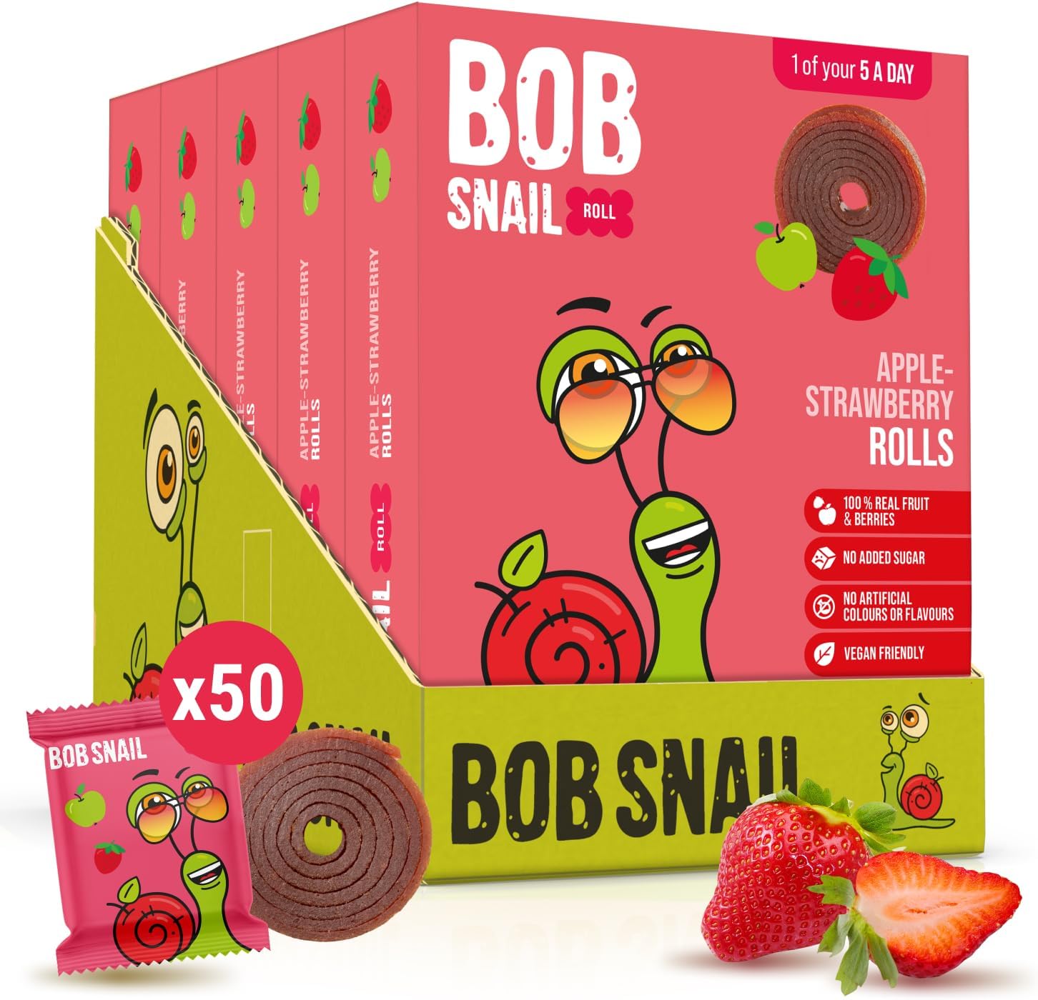 Bob Snail Fruit Roll Ups – Healthy Sweets Snacks, Real Dried Fruits, No Added Sugar, Vegan, Nut Free, Candy for Adults and Kids with Strawberry – Bulk 50 pcs Rolls, 500g