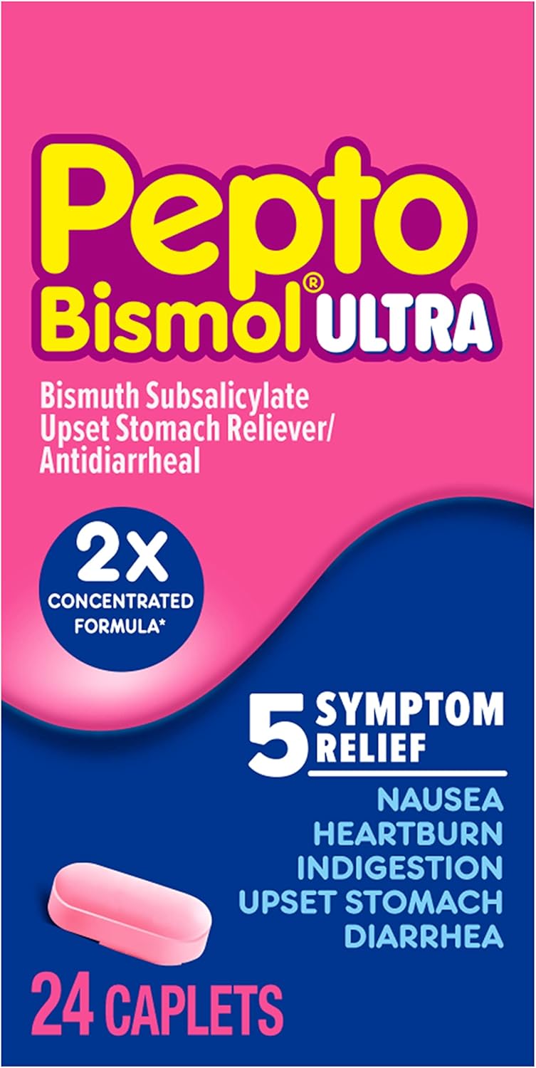 Pepto Bismol Caplets Ultra for Nausea, Heartburn, Indigestion, Upset Stomach, and Diarrhea - 5 Symptom Fast Relief, 24 ct