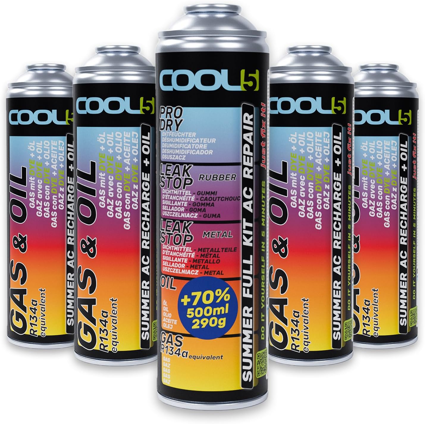 Cool5 Full Kit AC 5-in-1 (4 Cans 2-in-1 + 5-in-1 290 g R134a Cars 1995-2016)