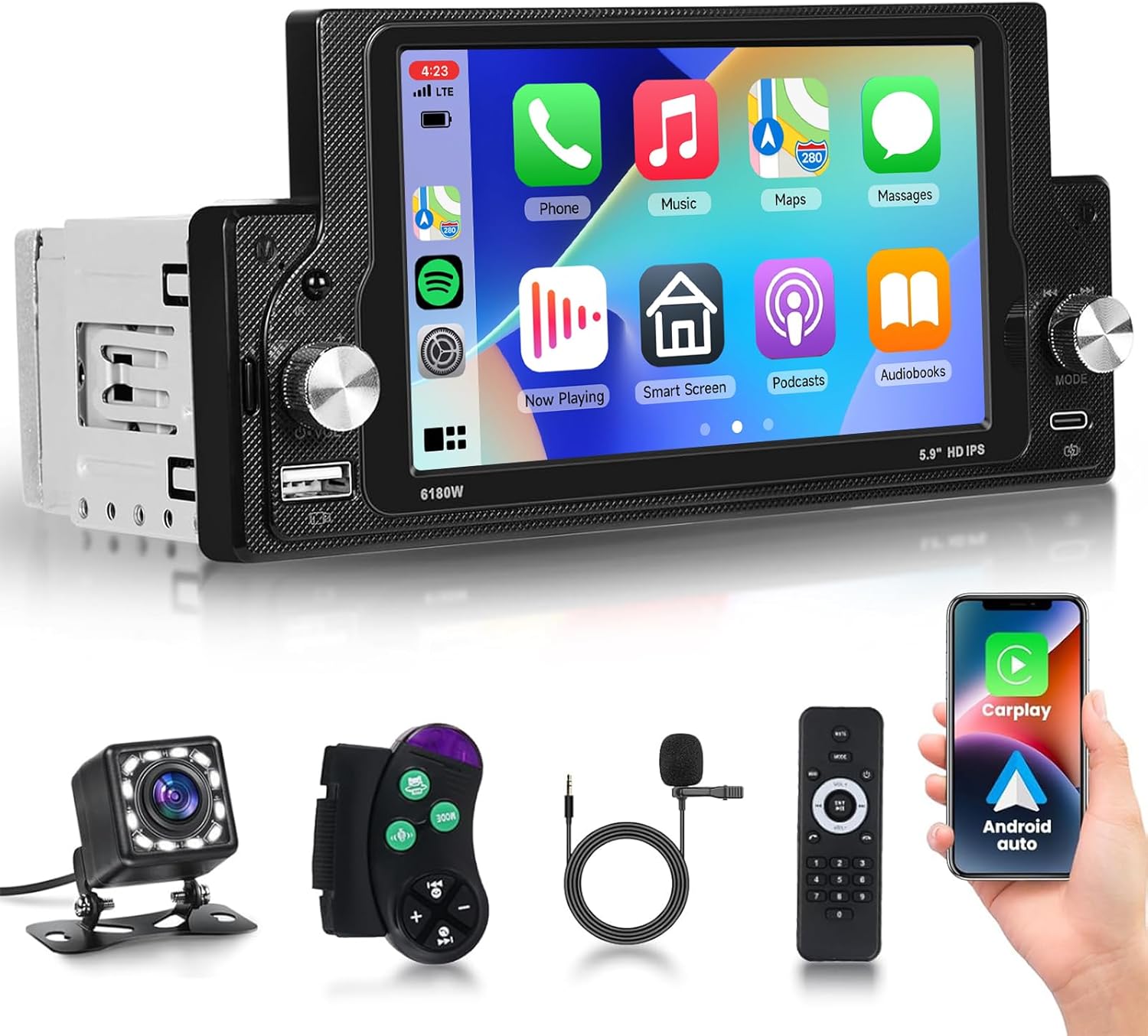 Podofo Single Din Car Stereo Radio with Carplay Android Auto, 5.9 Inch IPS Touch Screen 1 Din Head Unit with Bluetooth 5.0 FM 20-band EQ Mirror Link USB/Type-C Slot SWC HD Camera Remote Control