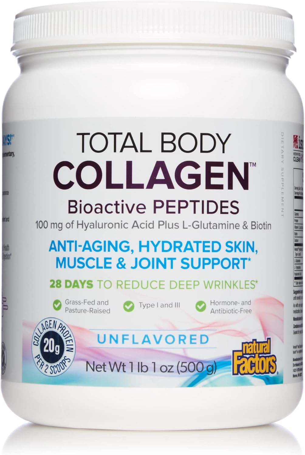 Natural Factors Total Body Collagen Bioactive Peptides Powder for Healthy Skin, Hair & Joints, Unflavored, 500 g