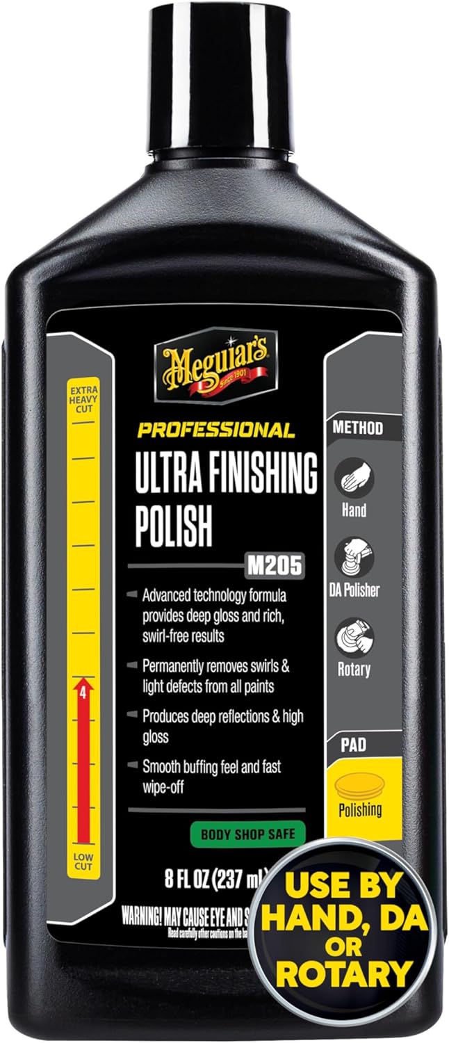 Meguiar's M205 Mirror Glaze Ultra Finishing Polish, Easy-to-Use Formula for Impeccable Shine, Multiple Ways to Apply Mirror Glaze, Removes Defects and Swirls for a High Gloss, 8 Oz Container