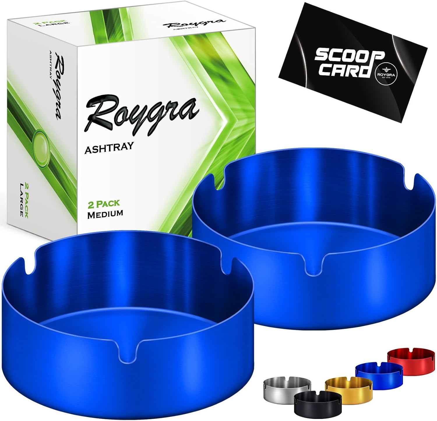 roygra Outdoor Ashtray for Outside Patio (2 Pack), Stainless Steel Ashtrays for Smokers Indoor, Home Table Decor, Patio Decorations Outdoor, Home Decorative Ashtrays for Cigarettes - Blue, Medium