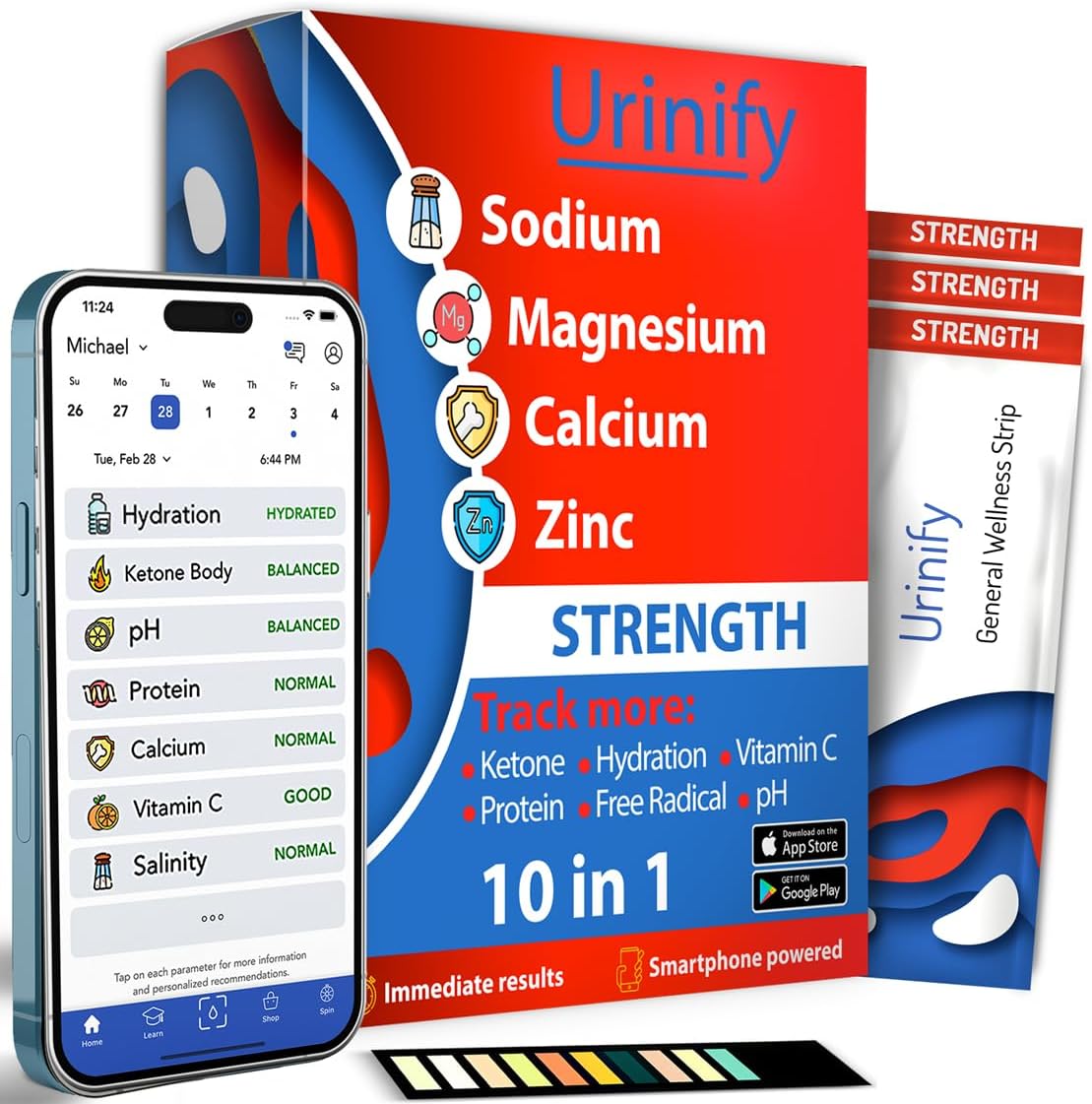 Mobile App Urine Test Strips -Trusted at Home Sodium, Salinity, Magnesium, Calcium, Electrolytes, Hydration, pH, Vitamin C, Protein, Keto Urinalysis Test Kit - Strength Kit (3 Strips)