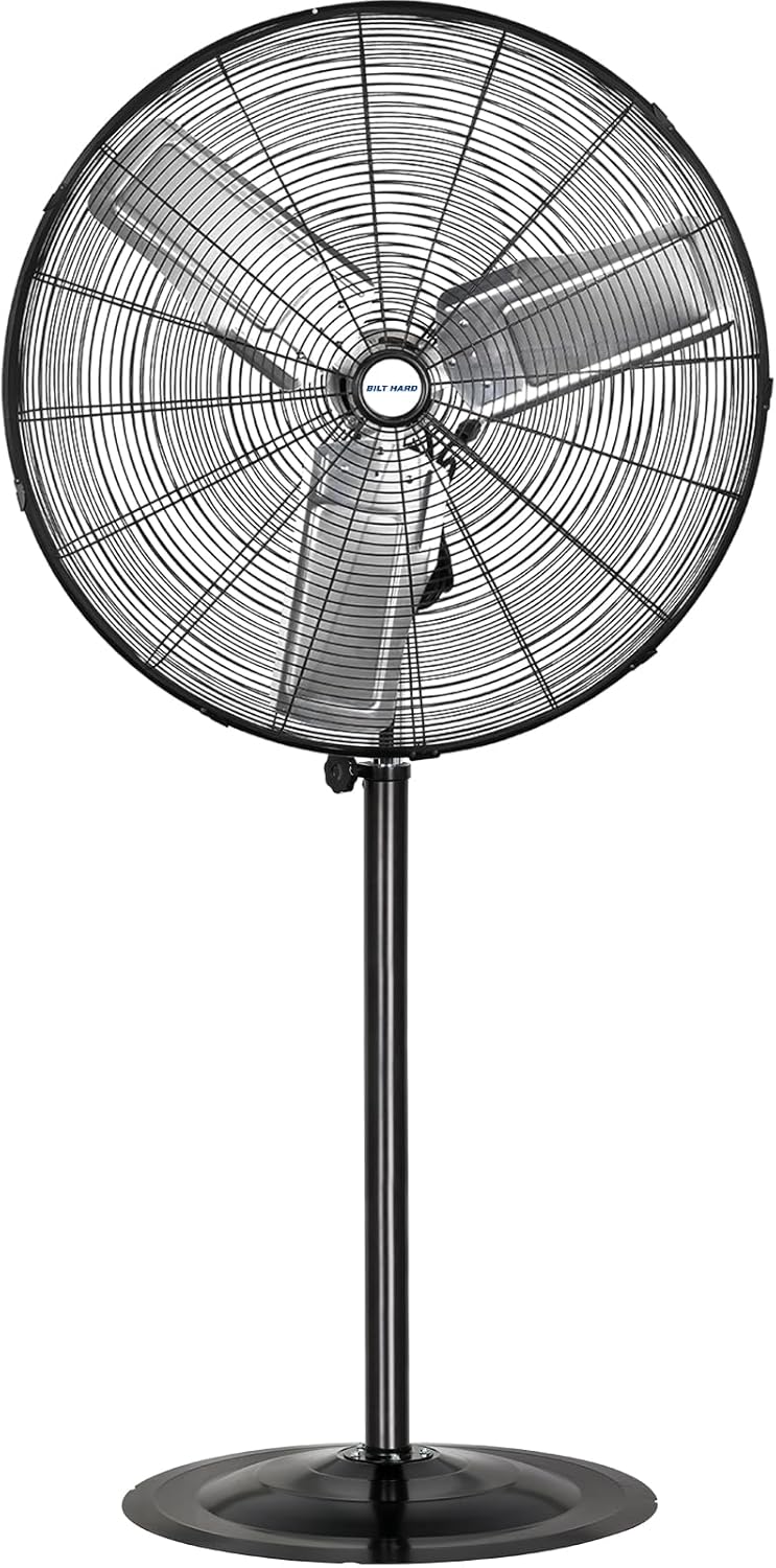 BILT HARD 8900 CFM 30" High-Velocity Industrial Pedestal Fan, 3-Speed Heavy Duty Industrial Standing Fan with Metal Aluminum Blades and Adjustable Height, Idea for Commercial, Shop, and Garage