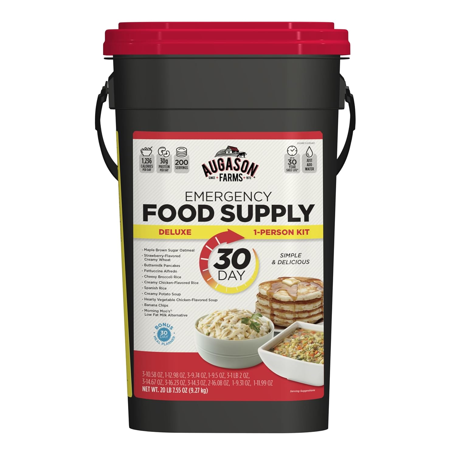 Augason Farms 30 Day Emergency Food Supply Kit - 1 Person Survival Meal kit - Dehydrated Meals with Long Shelf Life - Just Add Water - Ideal for Prepping, Camping, Emergency Use - 200 Servings