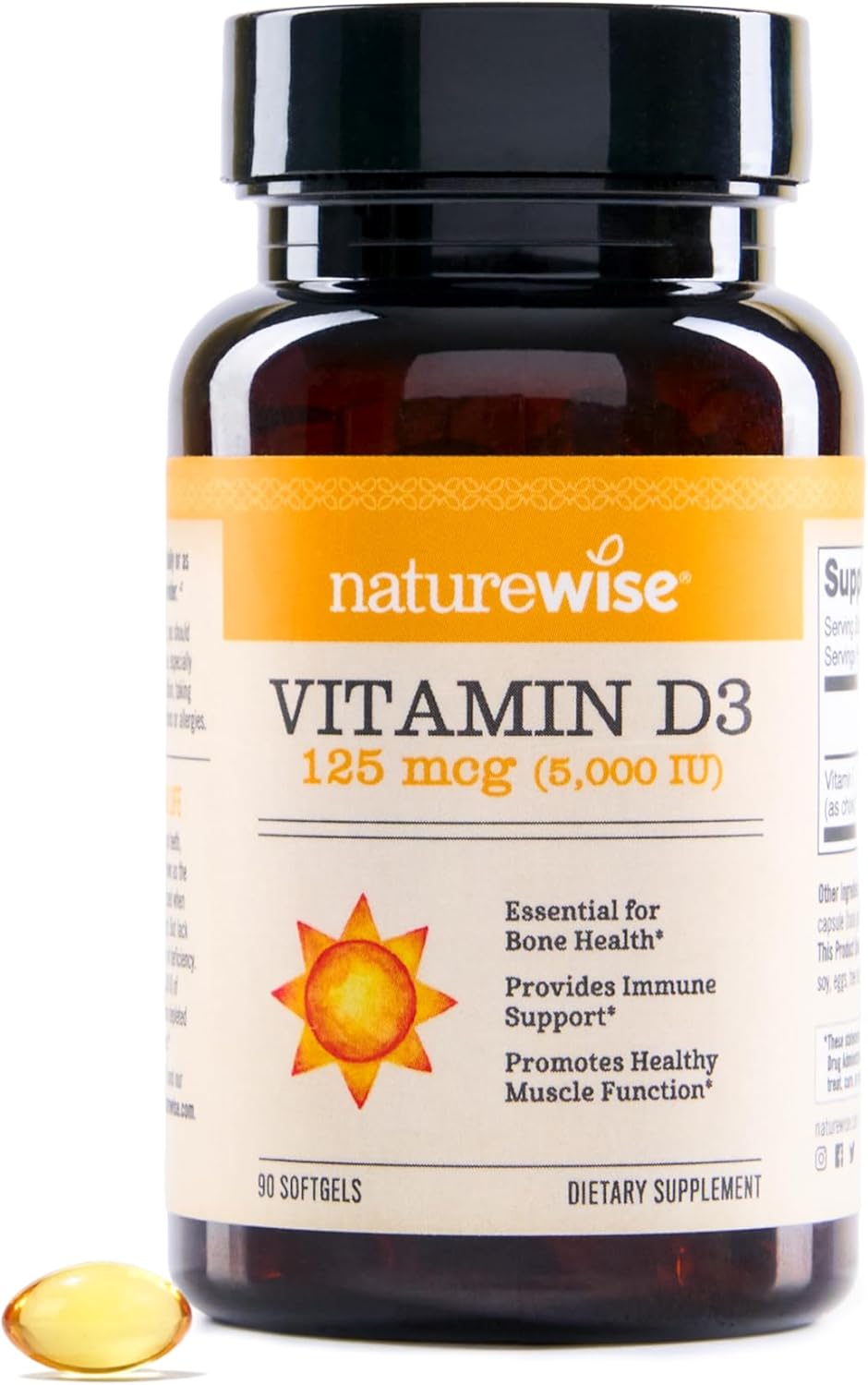 NatureWise Vitamin D3 5000iu (125 mcg) Healthy Muscle Function, and Immune Support, Non-GMO, Gluten Free in Cold-Pressed Olive Oil, Packaging Vary ( Mini Softgel), 90 Count