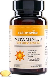 NatureWise Vitamin D3 5000iu (125 mcg) Healthy Muscle Function, and Immune Support, Non-GMO, Gluten Free in Cold-Pressed Olive Oil, Packaging Vary ( Mini Softgel), 90 Count