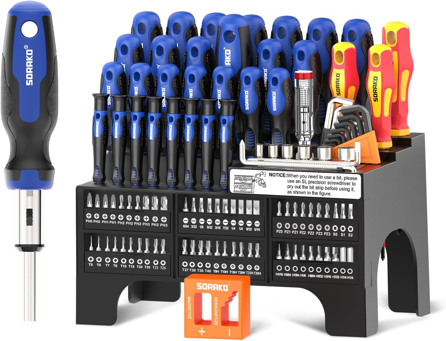 SORAKO 118Pcs Screwdriver Set Magnetic, Including Ratchet Screwdriver, Bits, Precision Screwdrivers, Insulated Screwdrivers, Voltage Tester, Magnetizer, Suitable for Home, Office, Farm Maintenance