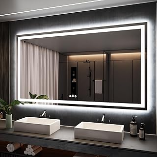 ISKM 72''x40'' Super Large LED Mirror for Backlit + Front Lit LED Mirror for Wall with Anti-Fog, Memory, 3 Colors, Double LED Mirror, Warm White, Cold White, Natural White
