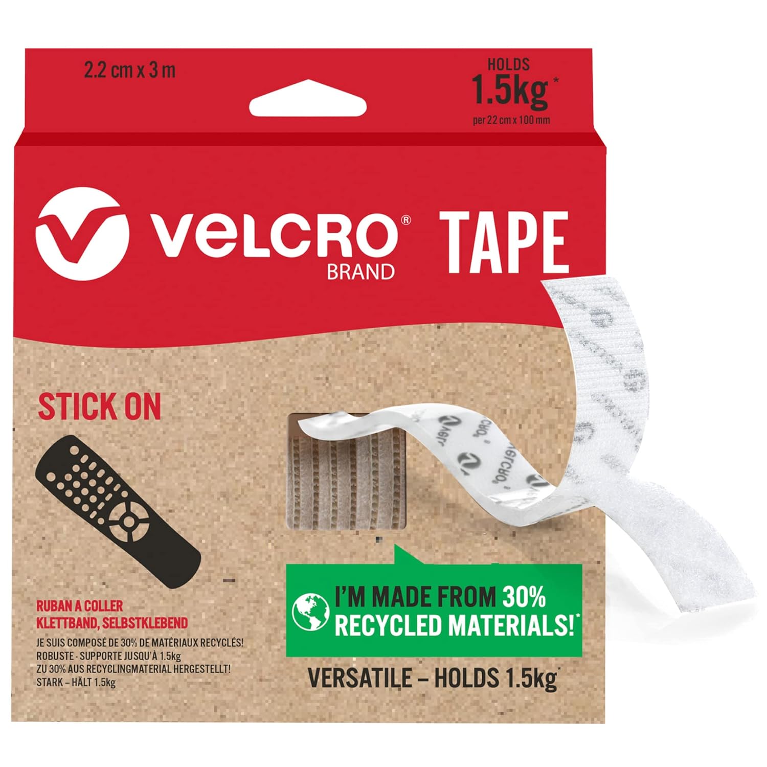 VELCRO Brand | Stick On Tape | Cut-to-Length Strong Hook & Loop Self Adhesive Sticky Tape Perfect for Room Décor & Home, Office, Garage Use | White | 22mm x 3m
