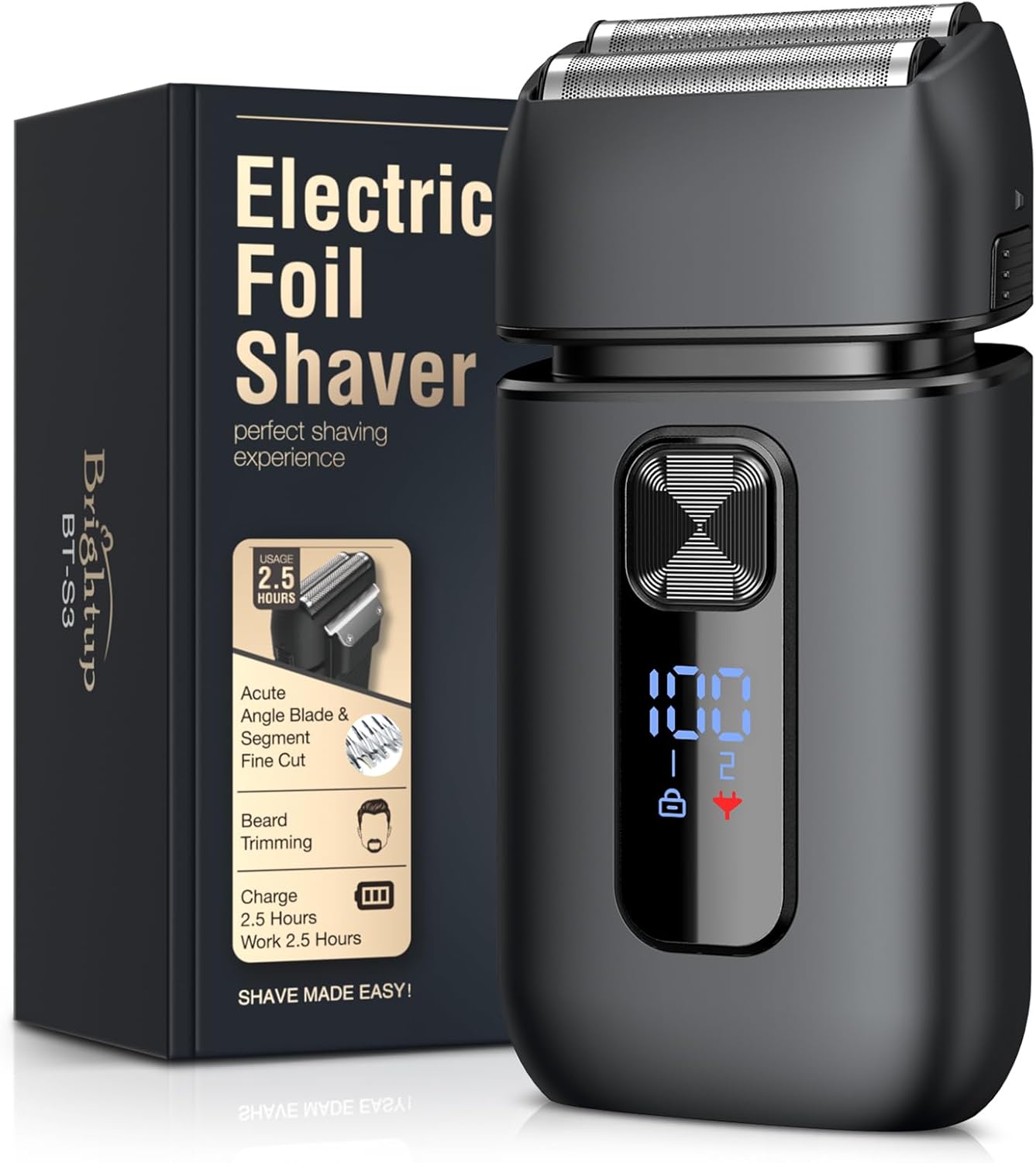 Brightup Foil Shavers for Men - Smooth & Painless Electric Razor for Men with Back Beard Trimmer for Long Thick - Wet Dry Shaving/Travel Lock/LED Display/IPX6 Waterproof