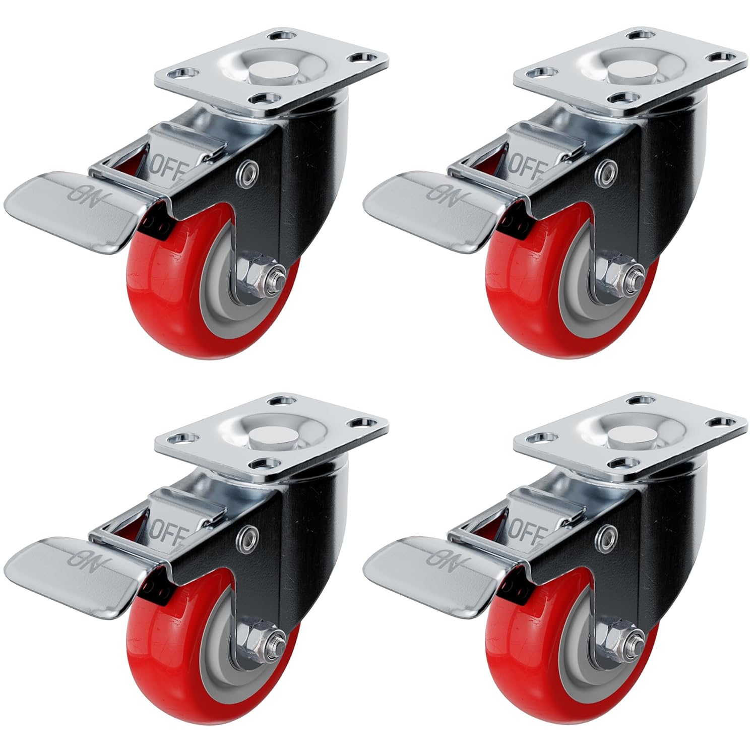 4 Pack Caster Wheels Swivel Plate On Red Polyurethane Wheels (3 inch with Brake)