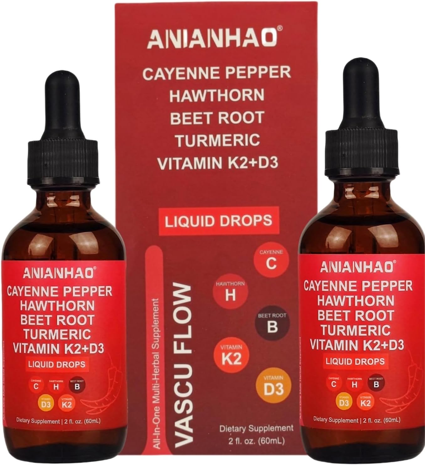 Cayenne Pepper Drops, 120ml Gleame Cayenne Pepper Drops, Hawthorn Berry, Vitamin D3 K2 Beet Root Powder, Ceylon Cinnamon, Turmeric Curcumin, Organic Panax Ginseng, Berberine 2 Bottles