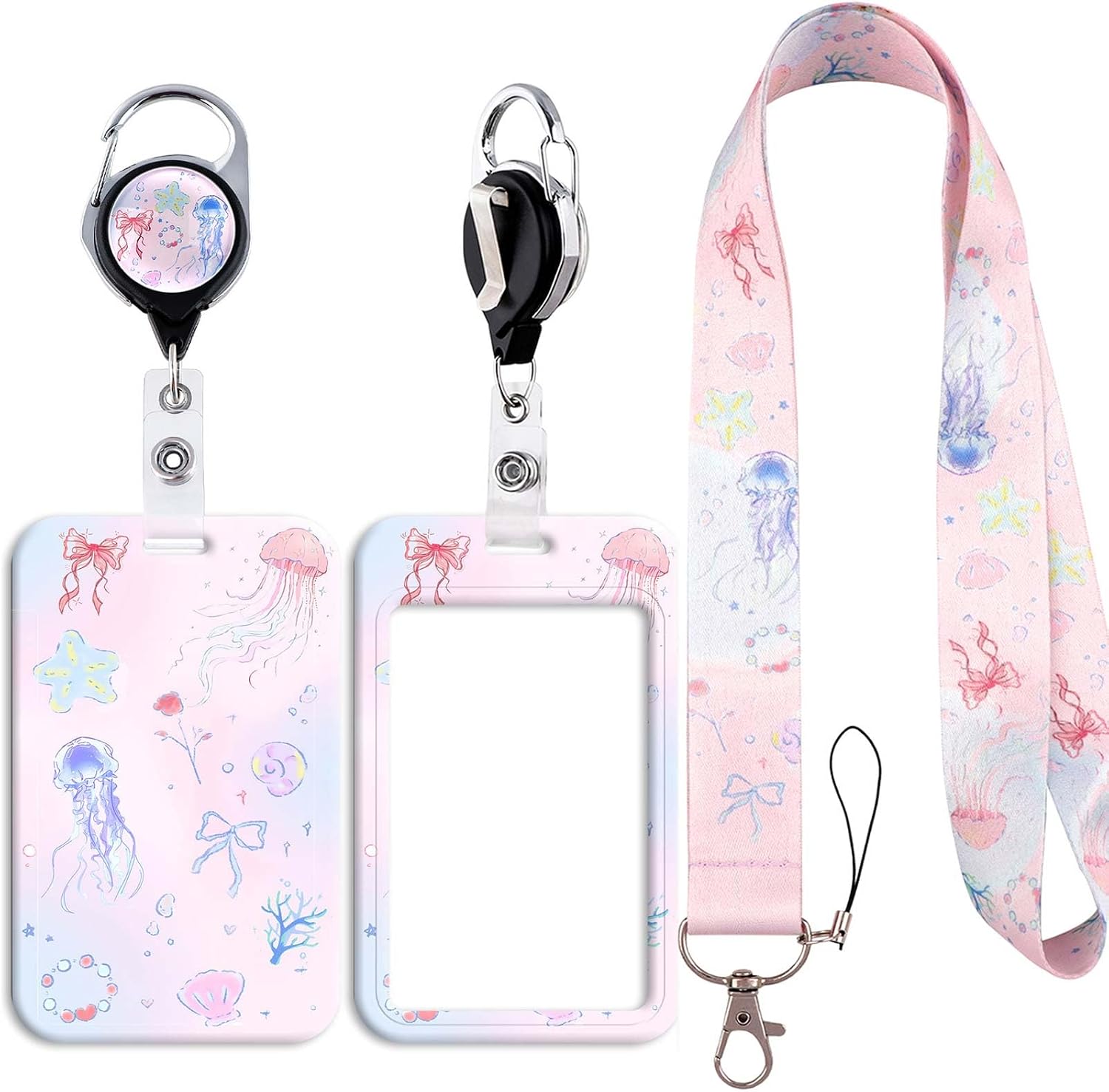 Fantasy Lanyard ID Badge Card Holder with Retractable Badge Reel Carabiner Clip Neck Strap Key Lanyard Plastic Case Name Pass Sliding Badge Holder
