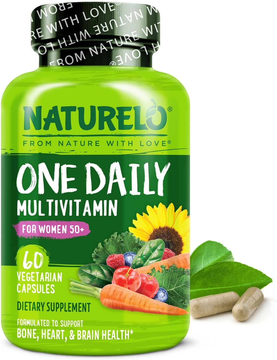 NATURELO One Daily Multivitamin for Women 50+ (Iron Free) - Menopause Support for Women Over 50 - Whole Food Supplement - Non-GMO - No Soy - 60 Capsules - 2 Month Supply