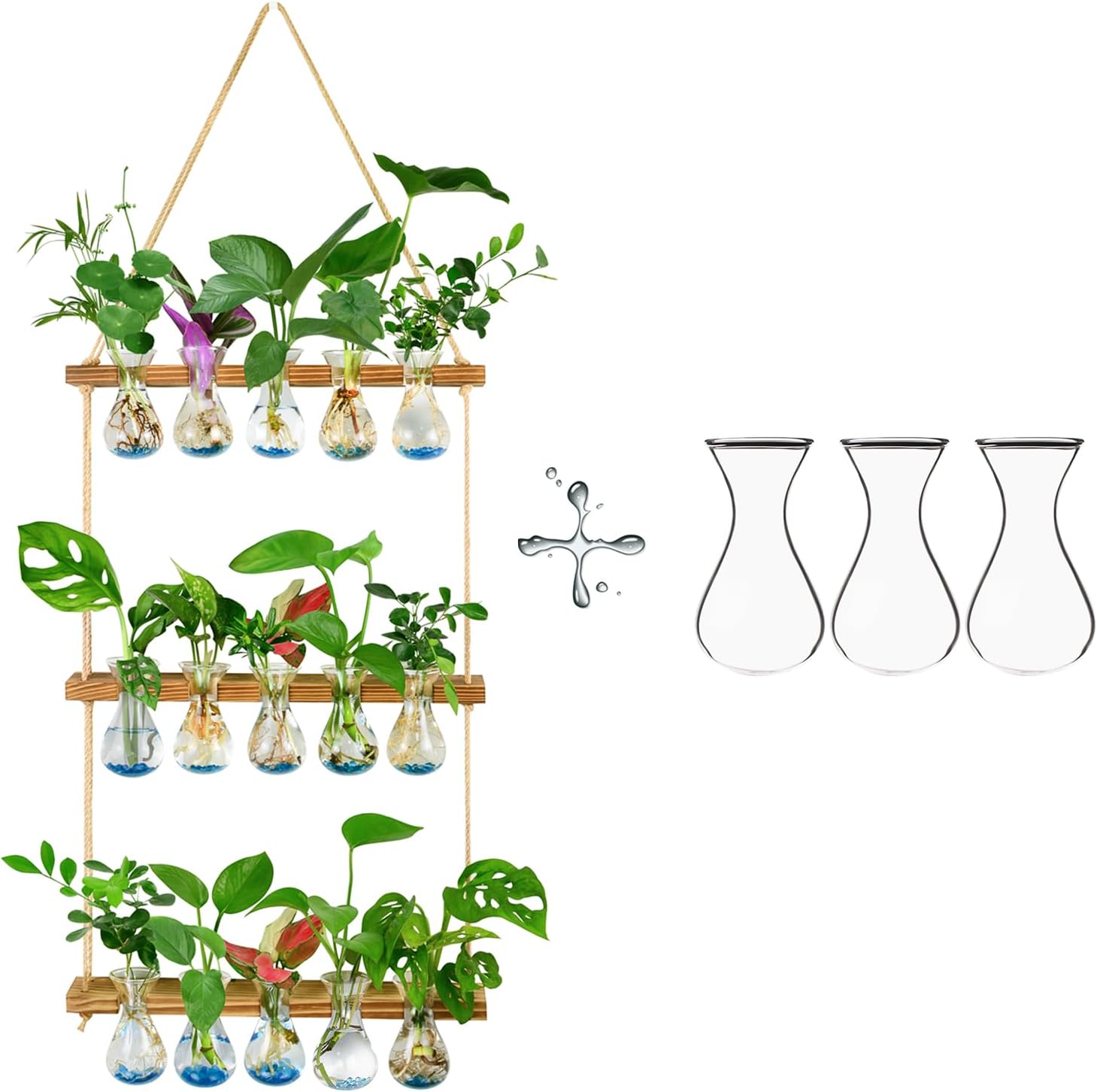 XXXFLOWER Wall Hanging Propagation Station with Wooden Stand 5 Bulb Vase 3 Tiered Planters Wall Terrarium+Flower Vases Accessories-3 Bulb Vase