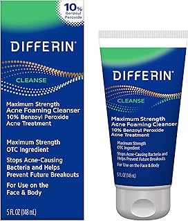 Differin Acne Face Wash with 10% Benzoyl Peroxide, Maximum Strength OTC Acne Foaming Cleanser, Fast Acting Acne Treatment for Face and Body, 5 oz.