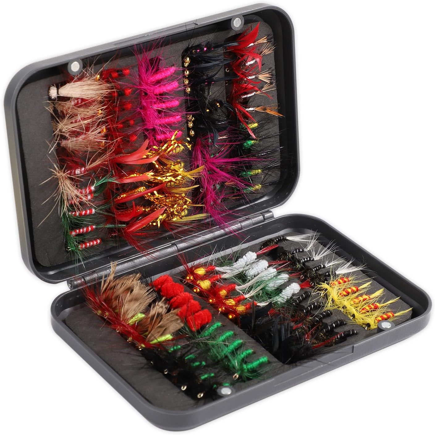 100pcs Fly Fishing Kit - Assortment with Storage Box, Wet & Dry Flies, Nymphs, Streamers, Lures & Bait, Hooks for Trout, Bass & Salmon