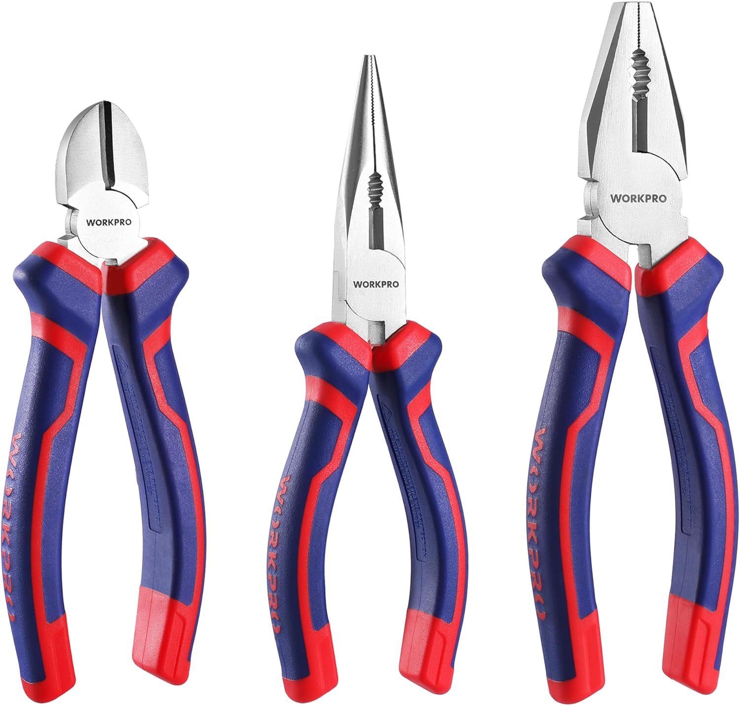 WORKPRO 3-Piece Pliers Set, 6" Long Nose, 6" Diagonal Cutting, 7" Combination, Soft Grip, Blue, Red, Carbon Steel, for DIY Household Repair