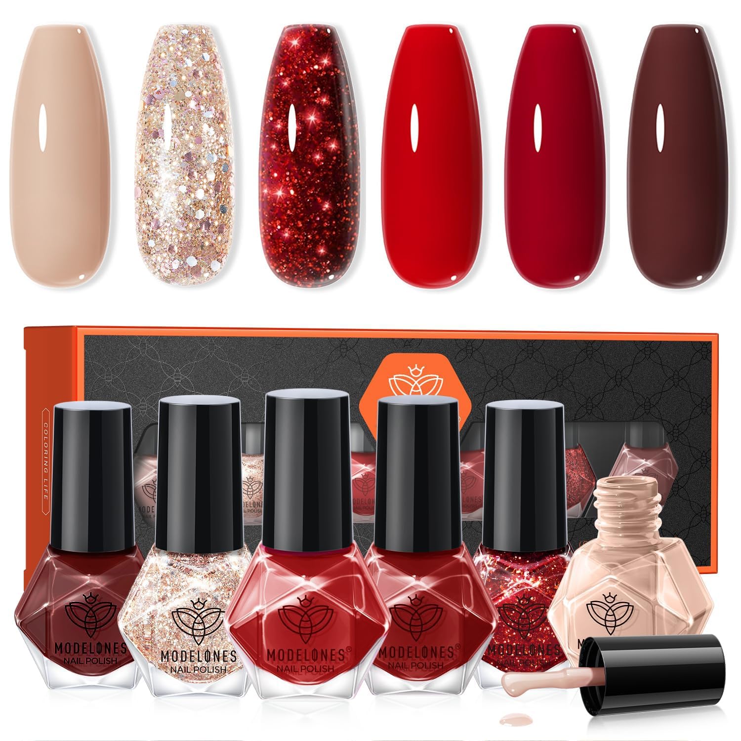 modelones Nail Polish 6 Colors Red Nude Gold Glitter Quick Dry Burgundy Sparkle Mini Set Valentines Day Manicure DIY Nail Art Salon Home Gift For Women Girl