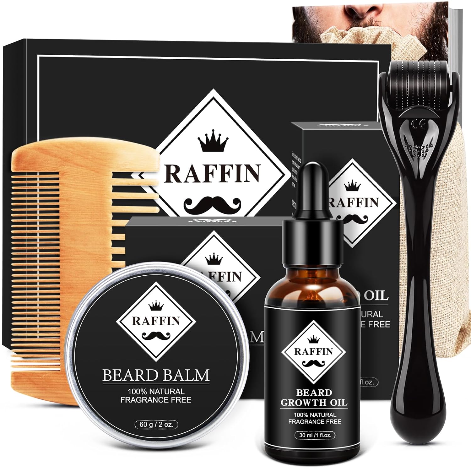 RAFFIN Beard Growth Kit, Beard Kit for Men with Beard Growth Oil, Balm, Comb, Massager for Spot/Patchy Beard, Achieve Fuller, Thicker & Healthier Beards, Gifts for Him Boyfriend Husband Dad