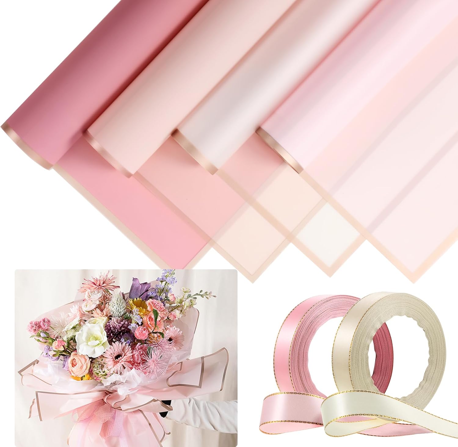 Tenare Valentine‘s Day Flower Wrapping Paper and Ribbon Set 36 Sheets Bouquet Wrapping Paper with 50 Yards Double Face Satin Ribbon for Flower Gift DIY, Florist Supplies(Romantic Color)