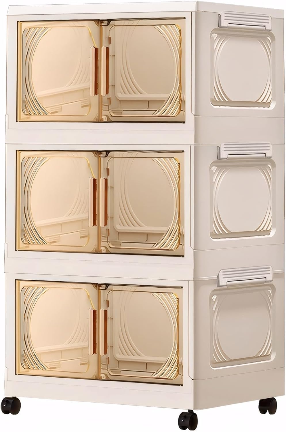 Plastic Storage Boxes with Lids, 3 Tier Stackable Storage Tower with Front Opening Doors, Collapsible Storage Bin on Wheels for Home, Office, Bedroom, Kitchen, 20L / Tier