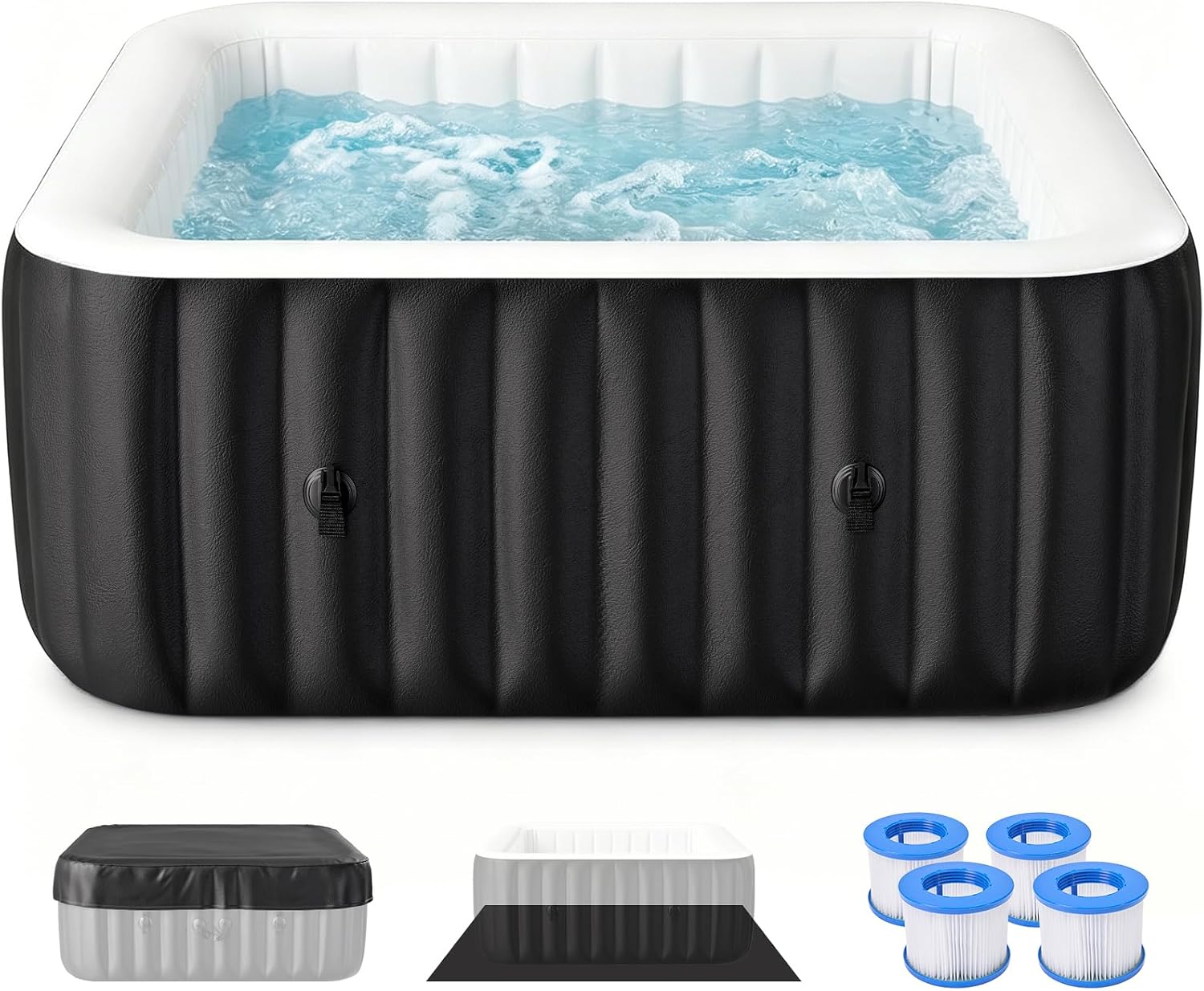 Inflatable Hot Tub, Large Square Portable Blow Up Hot Tub, 2-4 Person Leak-Proof PVC Outdoor Spa with 120 Air Jets, Heater Pump and Insulated Cover, 60 X 25 Inch