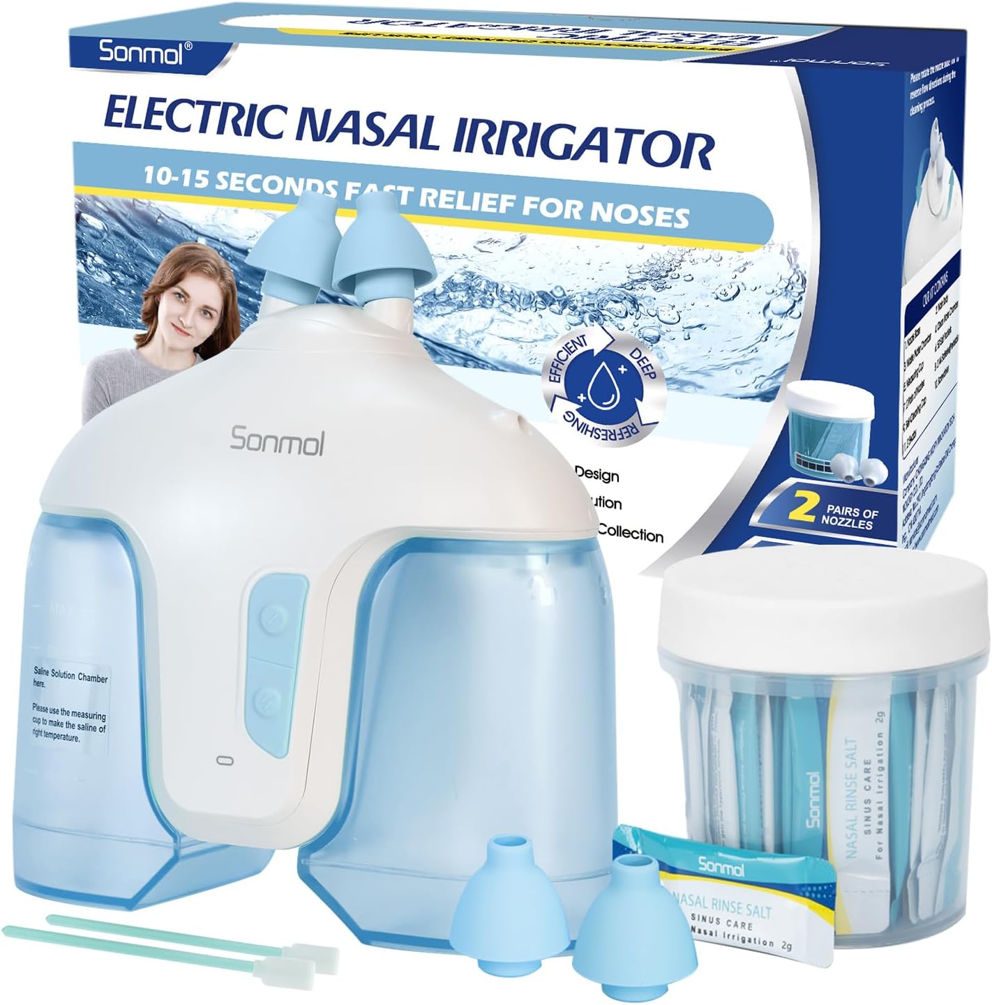 Nasal Irrigation System with 50 Salt Packets Electric Neti Pot Nose Wash Deep Cleaning Sinus Rinse Machine for Congestion Relief Runny Nose Itching (Blue)