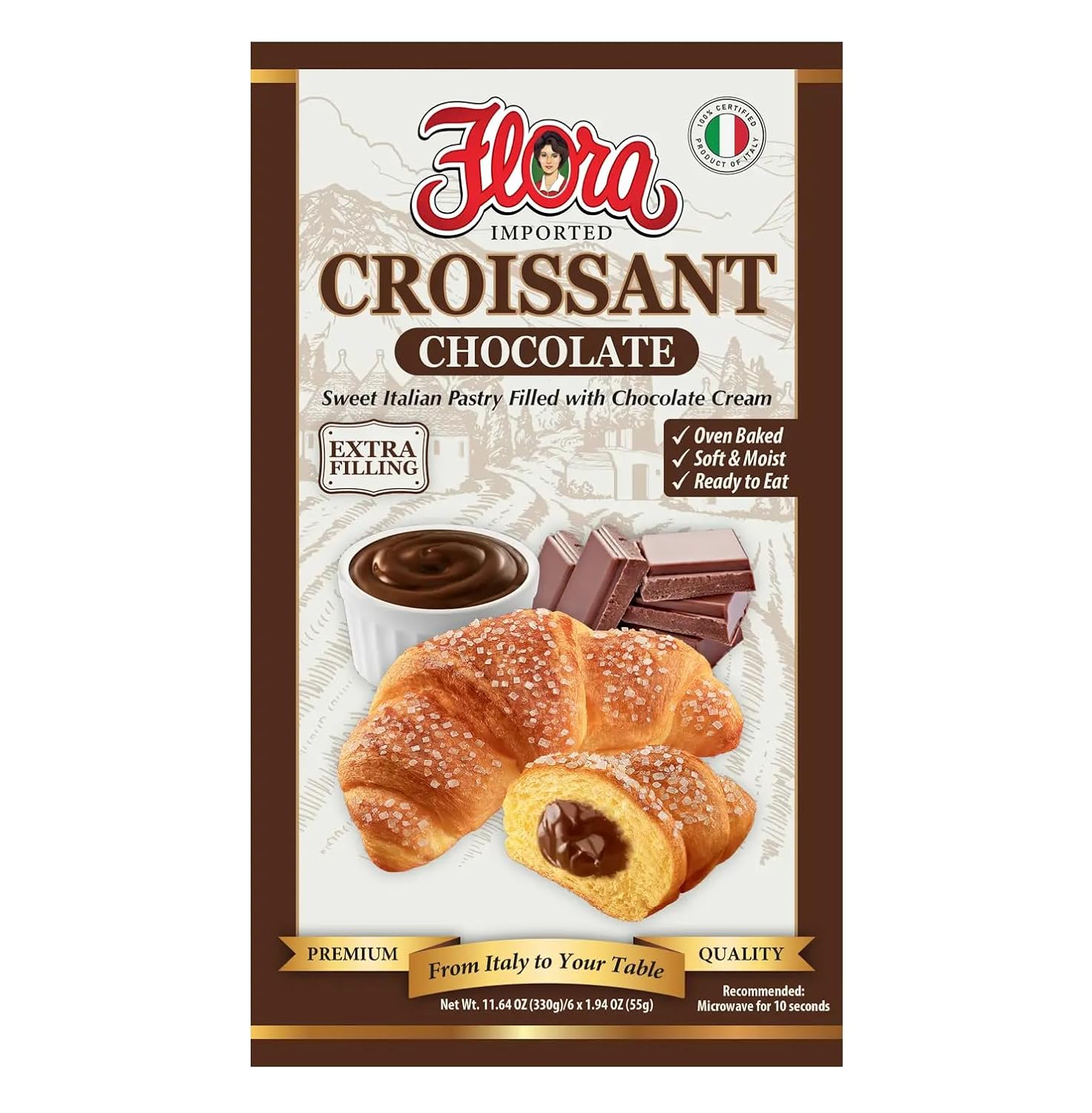 Flora Chocolate Croissants – Authentic Italian Pastry with Chocolate Cream Filling | Soft, Oven-Baked & Ready to Eat | Imported from Italy (Pack of 6)
