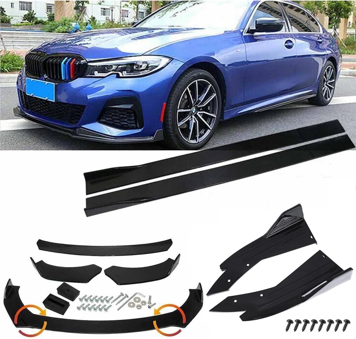 Fit for B-M-W1 2 3 4 5 6 Series Front Bumper Spoiler Splitter Body Kit+Side Skirt+Rear Glossy Black Adjustable
