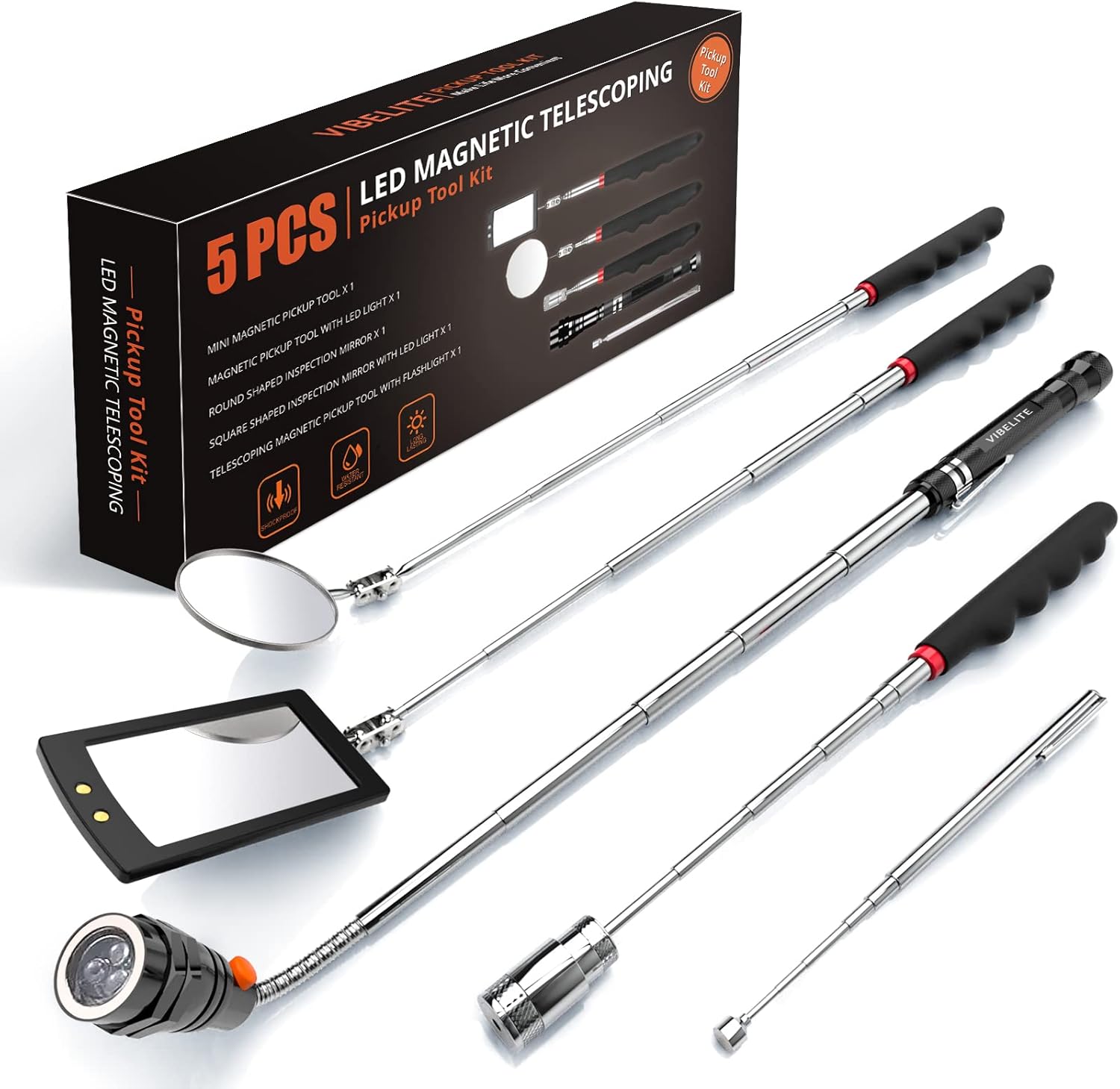 Telescoping Magnetic Pick Up Tool Magnetic Sweepers with 1 lb and 15 lb Pickup Rod, Round and Square 360 Swivel Adjustable Inspection Mirror and Flexible LED Flashlight, Birthday Gifts for Men, Dad