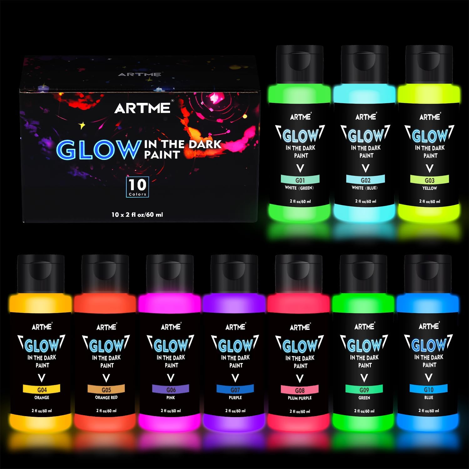 ARTME Glow in The Dark Paint, 10 Bright Colors 60ml/2oz Blacklight Paint Set, Neon Craft Paint, Acrylic Glow Fluorescent Paint Perfect for Art Painting, DIY projects, Halloween and Christmas Decoration