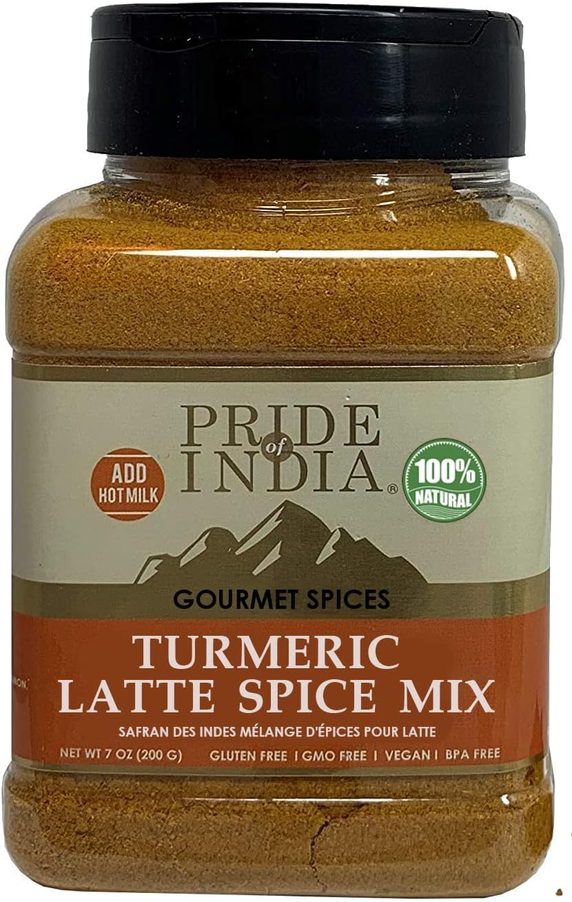 Pride of India – Turmeric Latte Spice Mix – Gourmet & Warm Tea Spice Blend – Healthy/Gluten-Free – Ideal for Lattes/Smoothies/ Golden Milk – Easy to Store – 7 oz. Medium Dual Sifter Bottle