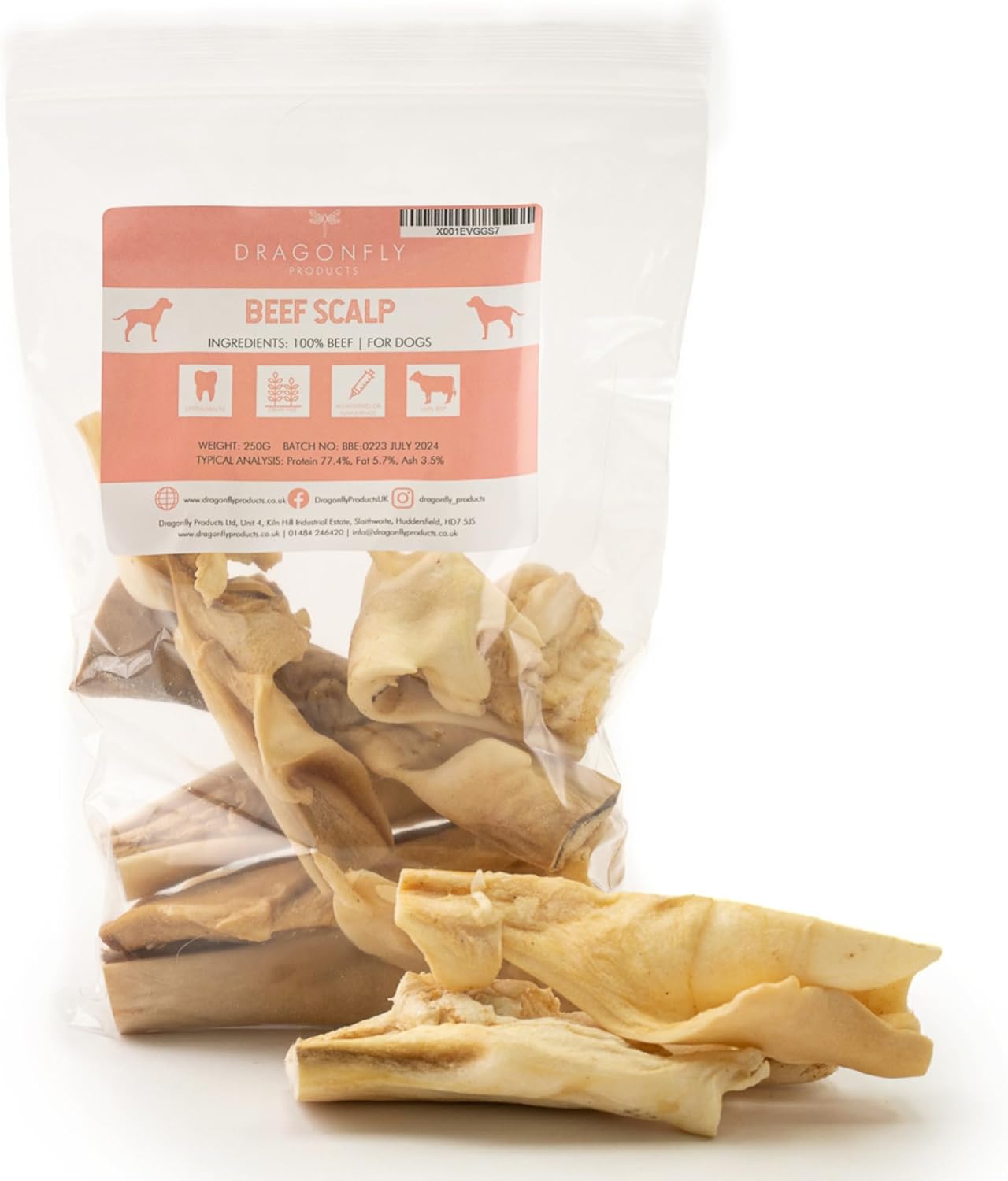 Dragonfly Products Beef Scalp Natural Dog Chews | 250g | Grain Free Long Lasting Chews Non-Rawhide Alternative to Pizzles | Dried Natural Raw Treat Stick | Medium to Large Breeds