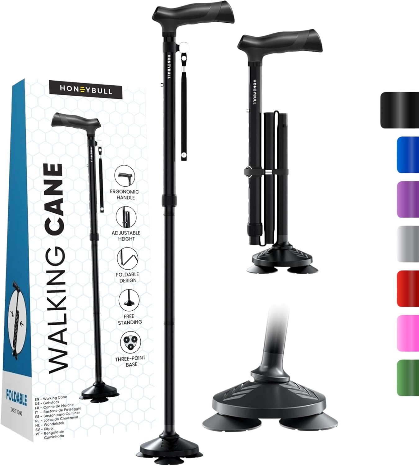 HONEYBULL Walking Cane for Men & Women Foldable, Adjustable, Heavy Duty, Free Standing, All Terrain, Collapsible Walking Sticks for Seniors & Adults
