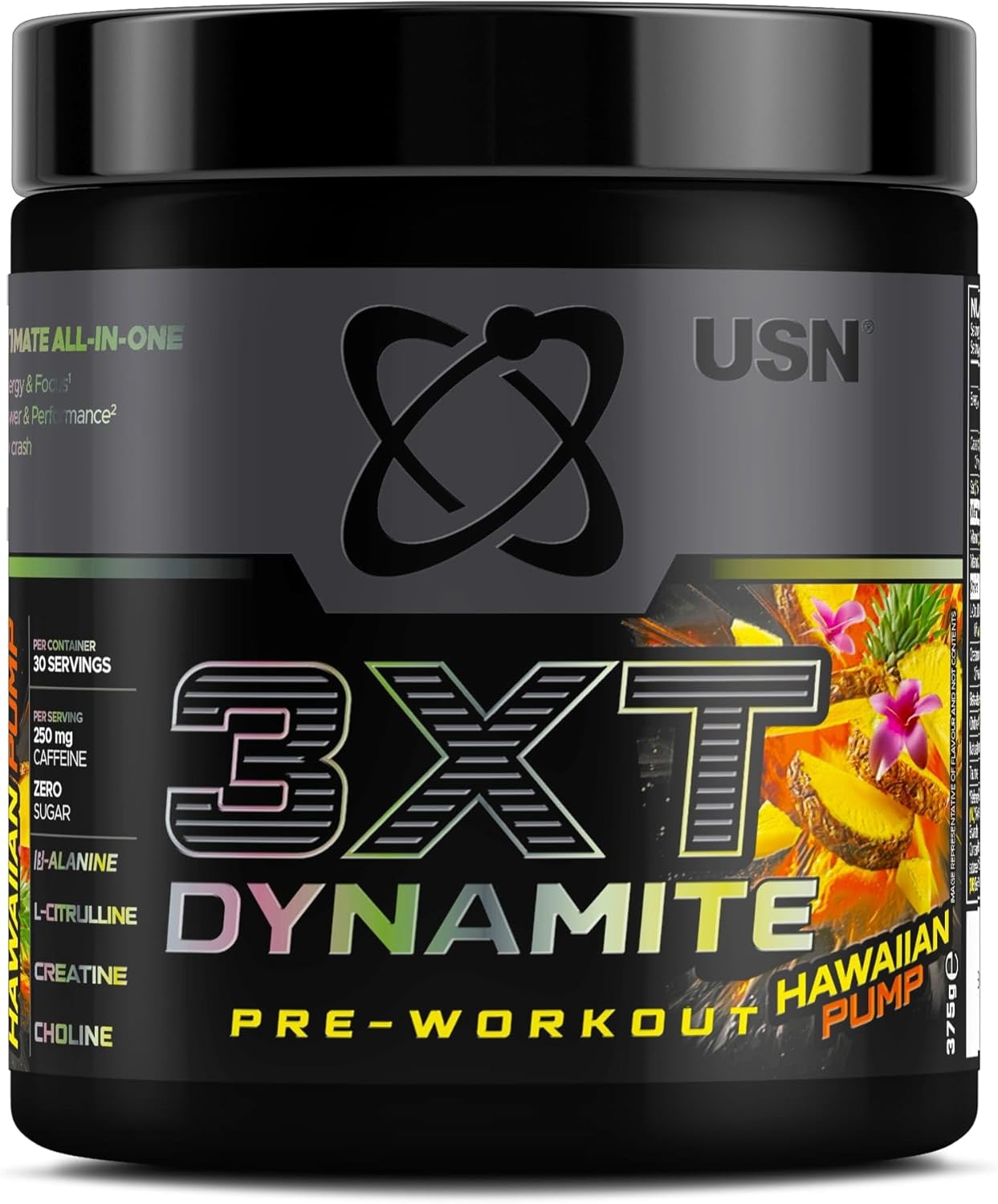 USN 3XT Dynamite Pre Workout Powder (30 Servings – 375g). Pre- Workout Energy Drink with Natural Caffeine (250mg), Citrulline, Creatine, Beta Alanine, Choline, Taurine and Zero Sugar – Hawaiian Pump