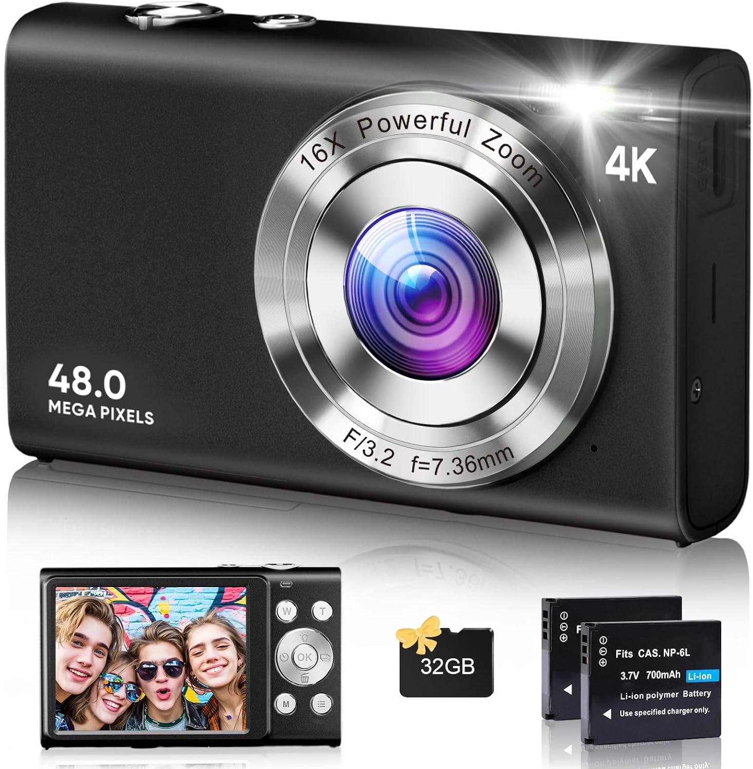 Digital Camera, 4K Autofocus Cameras for Photography, 48MP Anti-Shake Vlogging Camera for YouTube, 16X Digital Zoom Compact Point and Shoot Cameras with 32GB Card Camera for Teens Adult Beginner-Black