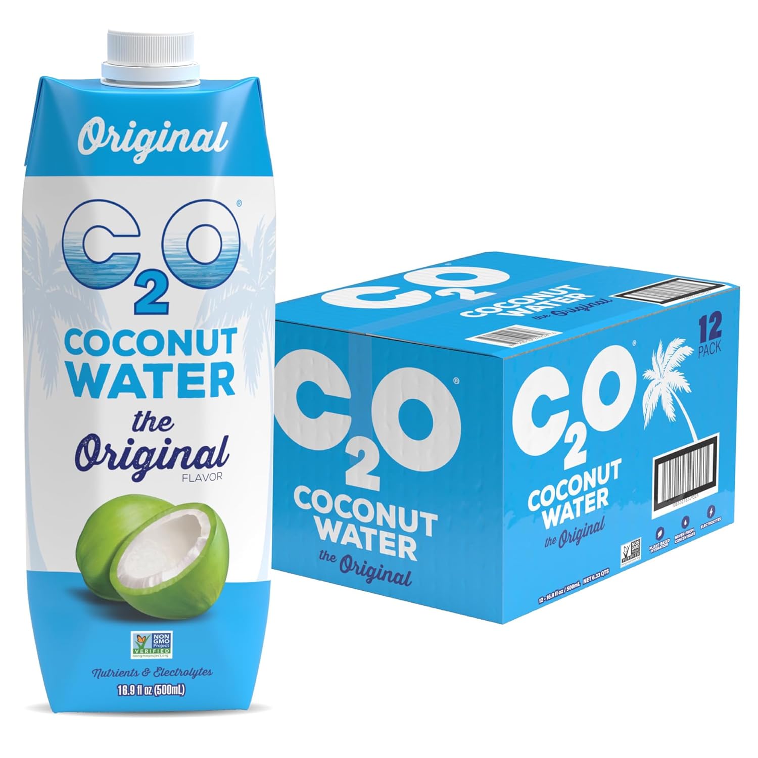 C2O - Coconut Water, The Original Flavor (12 Pack) - Made with Fresh Coconut Water - Plant Based, Non GMO Water - Natural Hydration, Essential Electrolytes, & Potassium - 12 Tetra Packs, 16.9 FL OZ