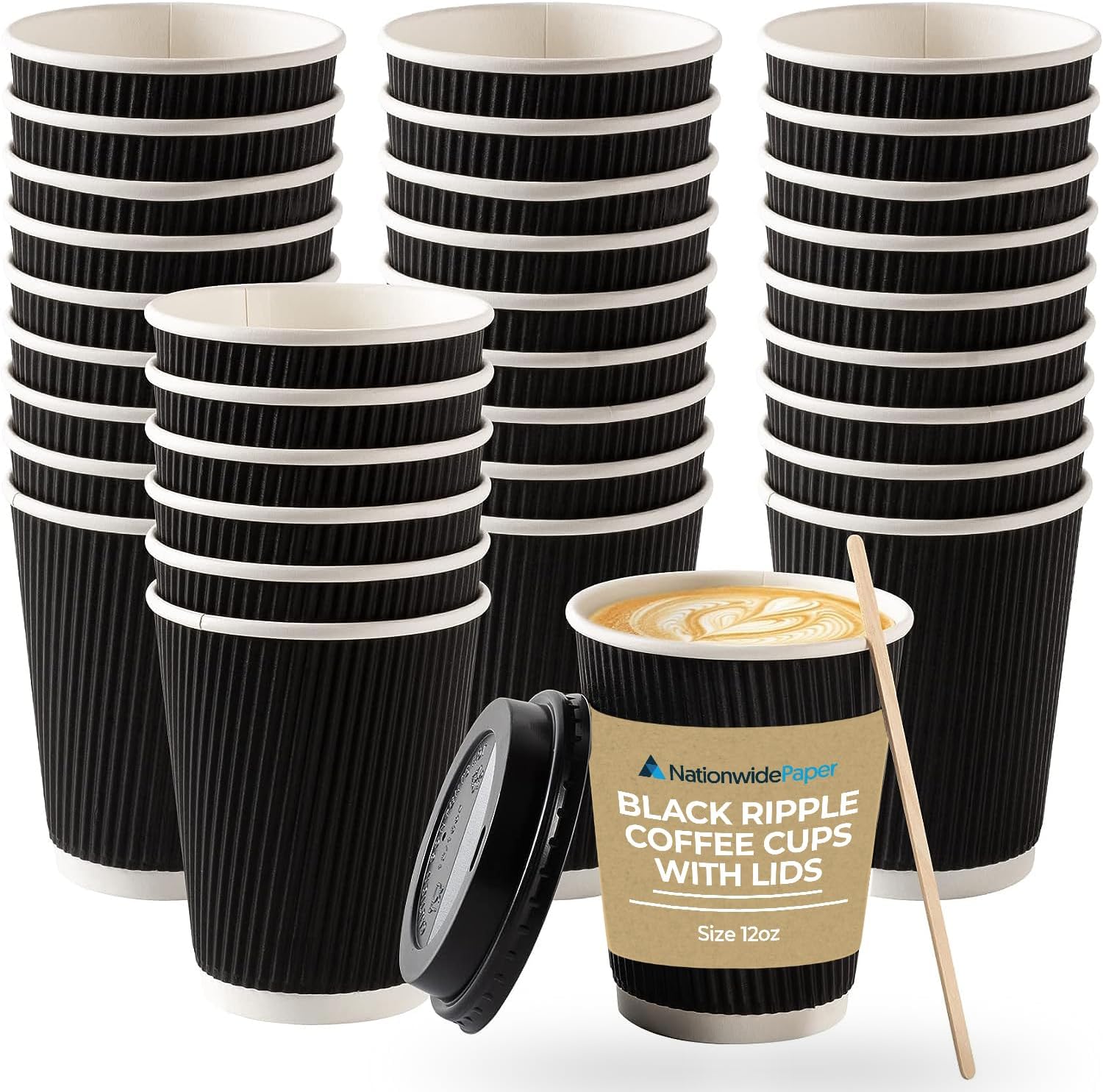 Nationwide Paper Coffee Cups with Lids, Insulated Ripple Hot Paper Cups, Disposable Cups for Takeaway Hot Drinks, (12oz-50 Pcs, Black)