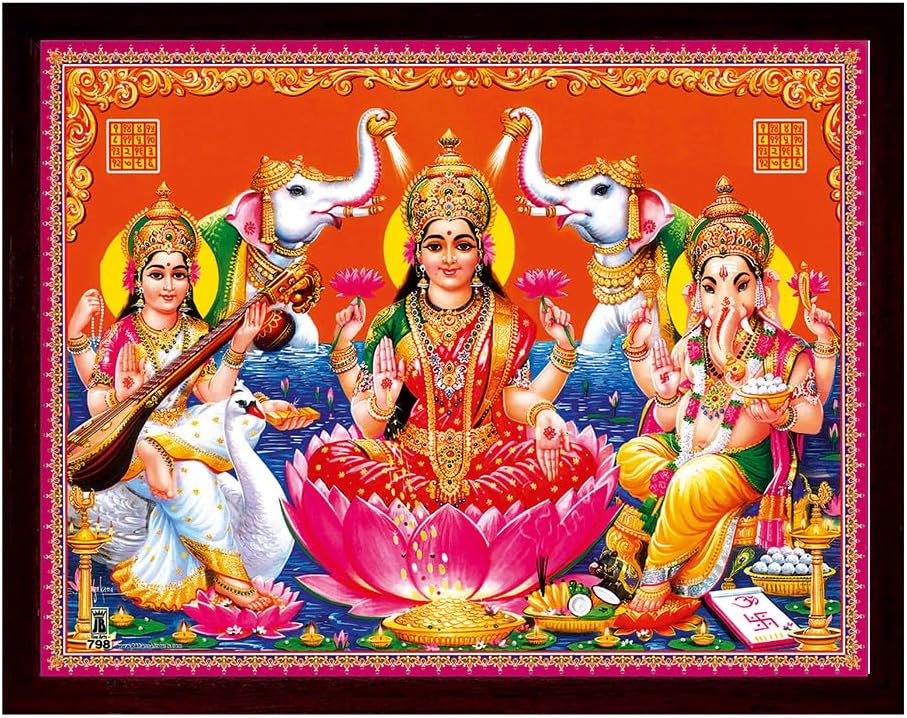 SANVIKA Lakshmi Devi Photo Poster Frame Wall Decor, Goddess Laxmi Art Frame For Living Room Decor, Hindu Decor For Home Office, Pooja Room (Lakshmi, Ganesha and Saraswati, 9" x 12")