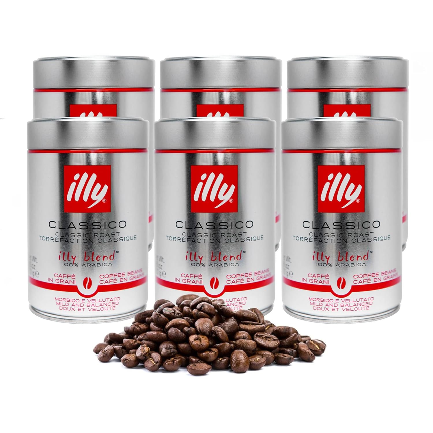 Illy Whole Bean Coffee, Classico Medium Roast - Mild & Balanced - 100% Arabica - Whole Beans - Pressurized Packaging Sealed for Freshness - 8.8oz can (Pack of 6)