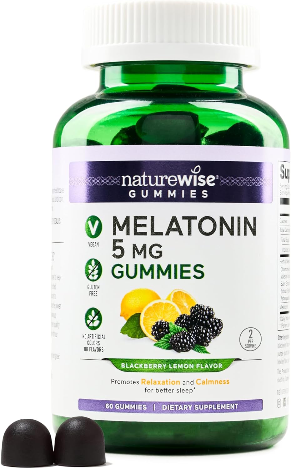 NatureWise Melatonin Gummies 5mg - Drug Free, Non-Habit Forming Sleep Support w/Ashwagandha, Valerian Root, Lemon Balm - BlackBerry-Lemon - Vegan, Gluten Free, Non-GMO - 60 Count[1-Month Supply]