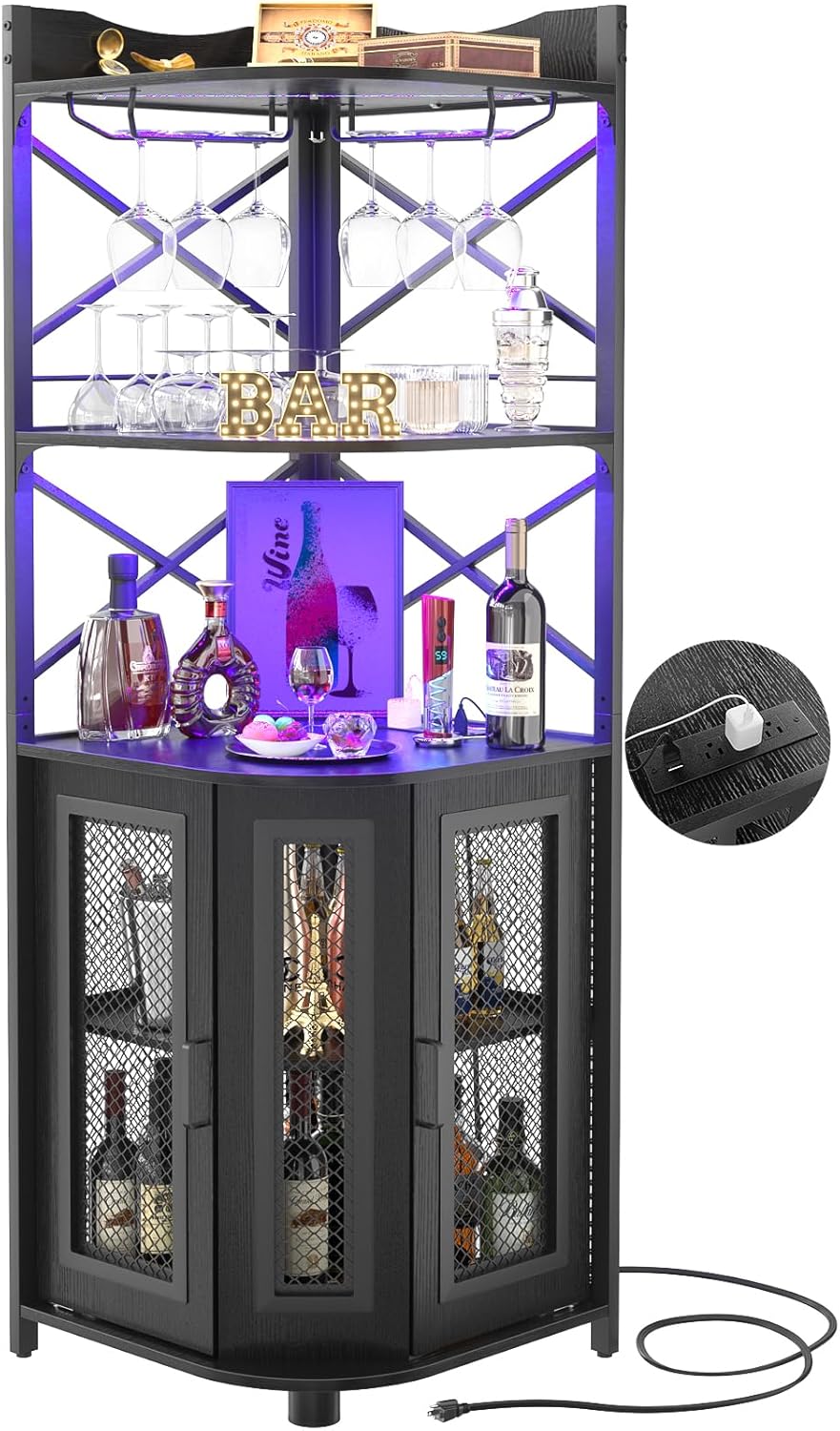 Aheaplus Corner Bar Cabinet with Power Outlet, Industrial Wine & Liquor Cabinet with LED Strip and Glass Holder, 5-Tier Bar Unit for Small Spaces, Black