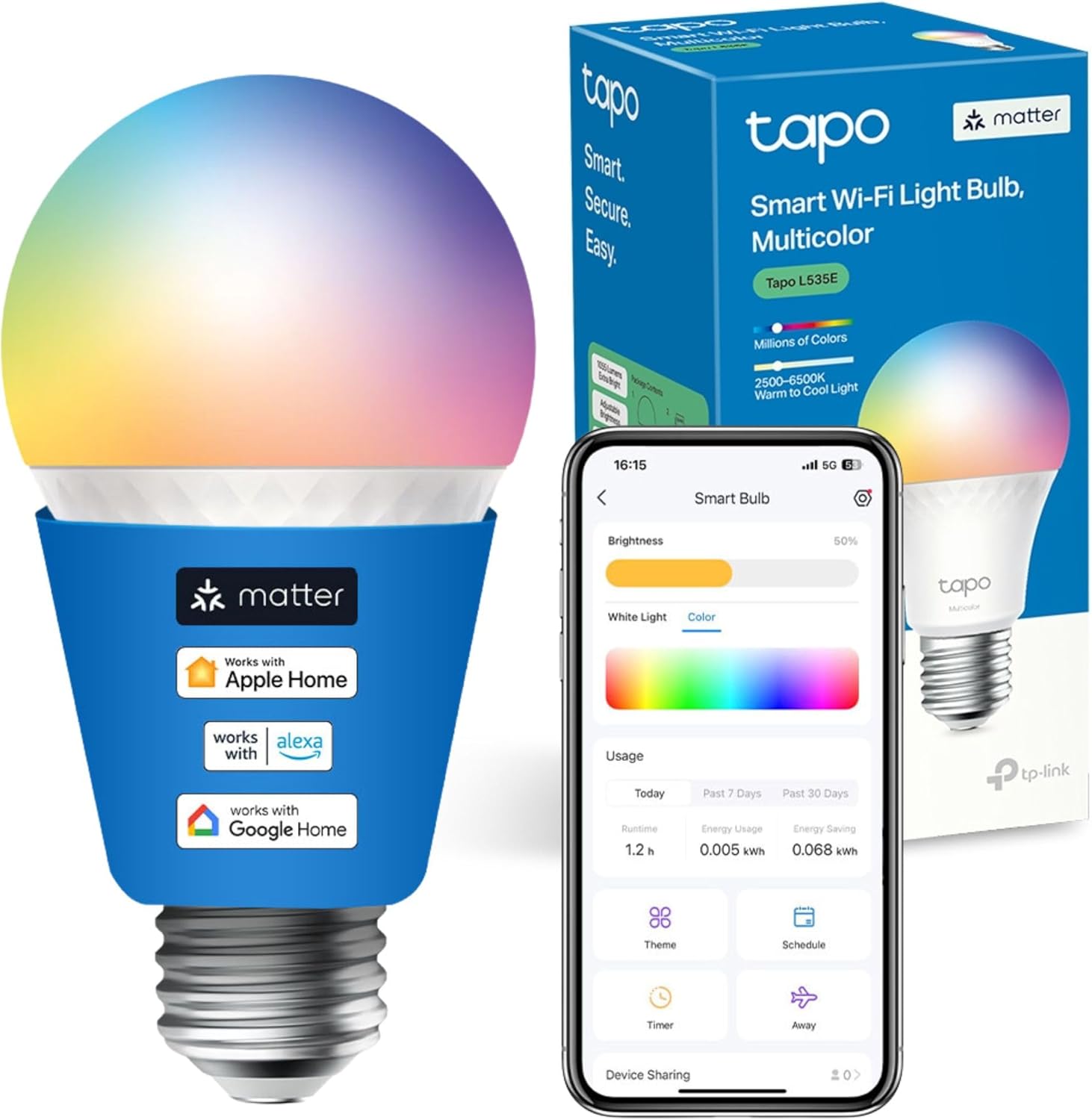 Tapo L535E E27 Smart Bulb, Alexa Light Bulb, Matter-Certified, Multicolour, 8.6W (75W), Auto Schedule and Timer, Away Mode, Dimmable, Energy Monitoring, Voice Control Via Alexa and Google Assistant